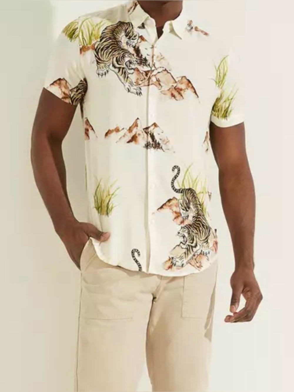 Guess by Marciano Cream Tiger & Mountain Print Short Sleeve Button Shirt